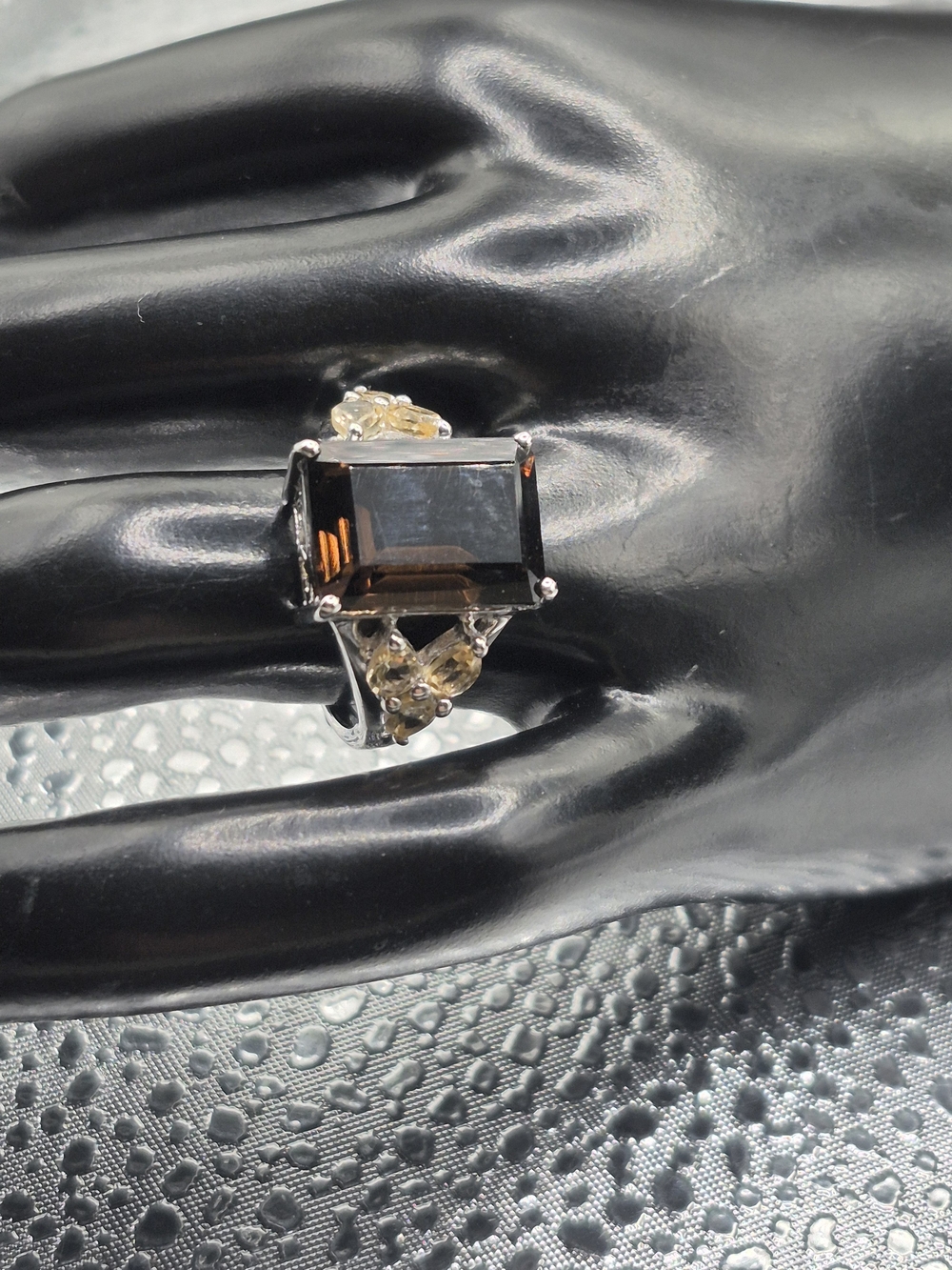 Genuine Smoky Quartz-Center Silver Ring with Citrine Accents